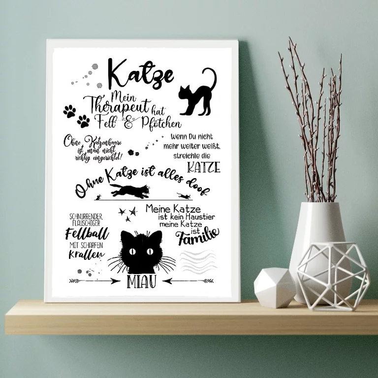 Katzenschild - Wortcollage mit süßen Katzensilhouetten und eine kleine Sammlung kurzer Katzensprüche